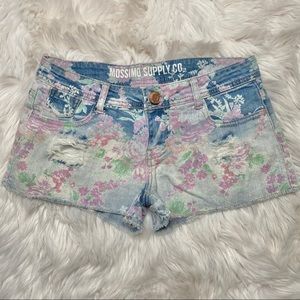 Ombre Pink Floral Blue Jean Cut Off Shorts